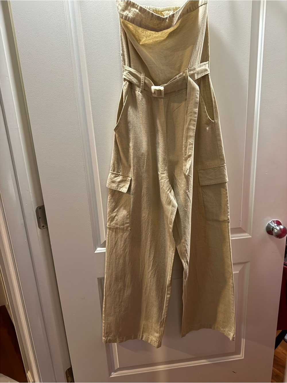 Beige Wide-Leg Utility Jumpsuit with Belt